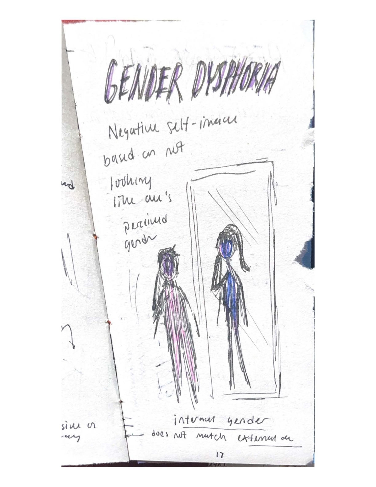 GENDER DYSPHORIA.
    Negative self-image based on not looking like one’s perceived gender.
    [Drawing of a person looking in a mirror with the reflection looking different.]
    Internal gender does not match external one.
    